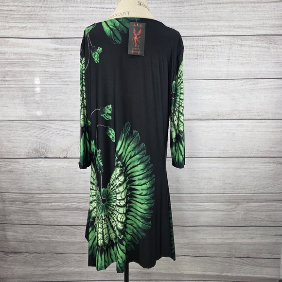 Reborn Boho Green And Black Feather Print Long Sleeve Dress - Picture 3 of 6